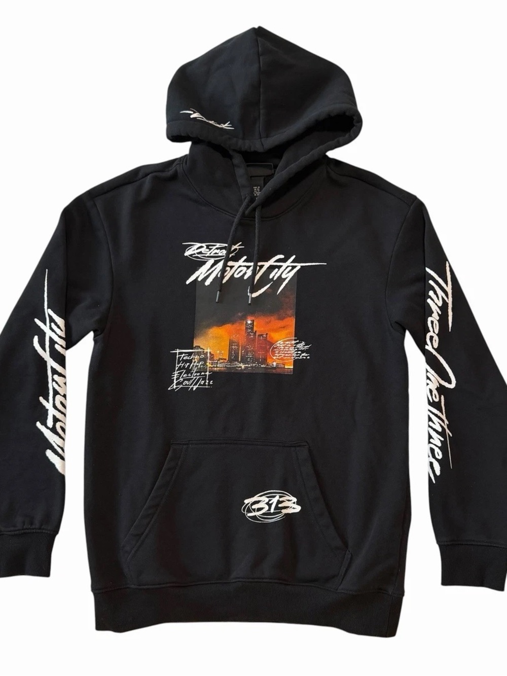 H&M Black Hoodie with Orange Graphic and White Script- Medium